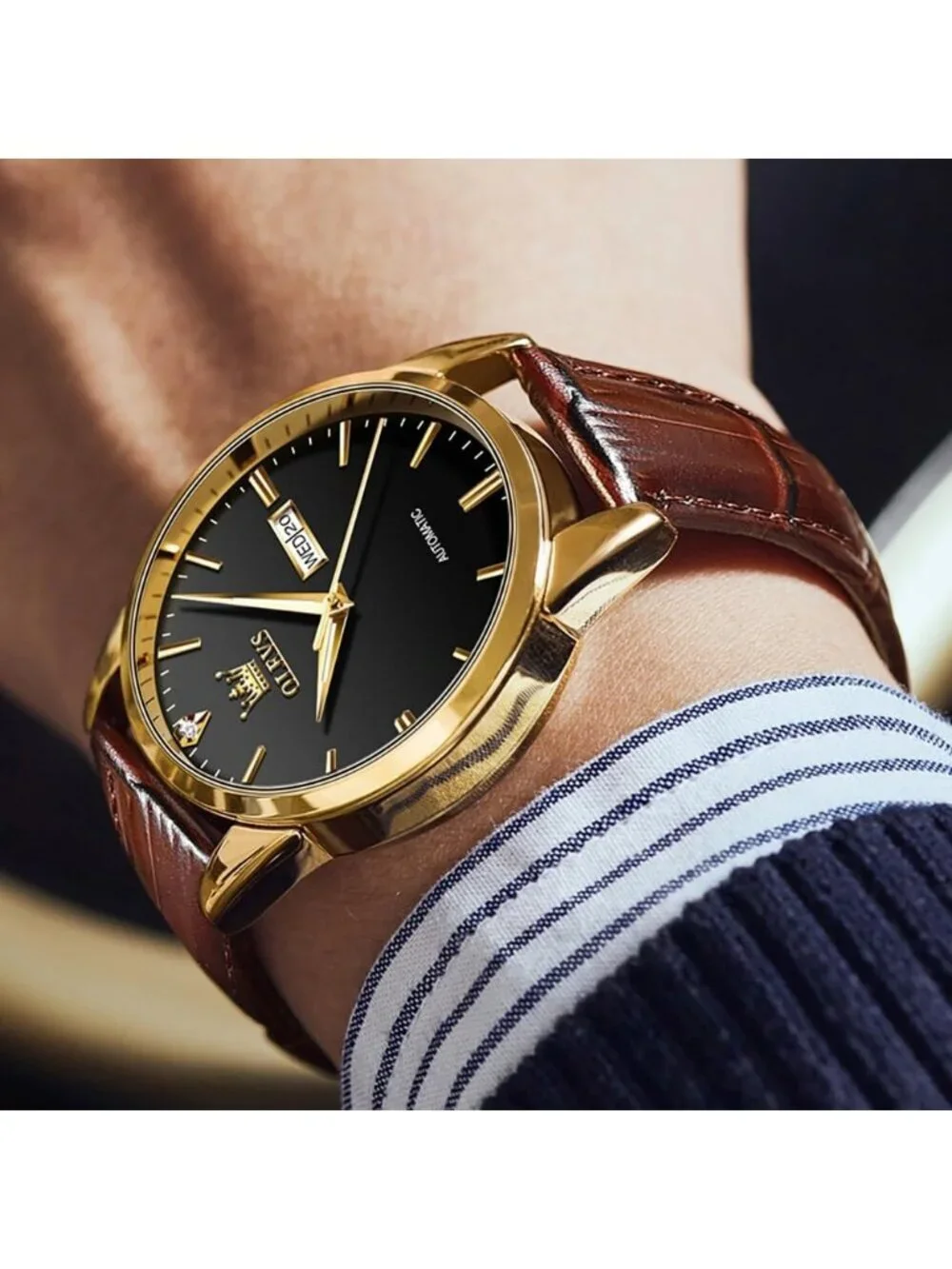 Men's Brown strap/Black Dial Luxury Leather Band Mechanical Classic Wrist Watch